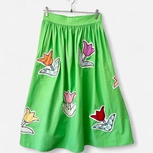 $268 NEW OOAK Handmade Upcycled Tulip Pleated Quilted Midi Skirt Dopamine SZ S/M